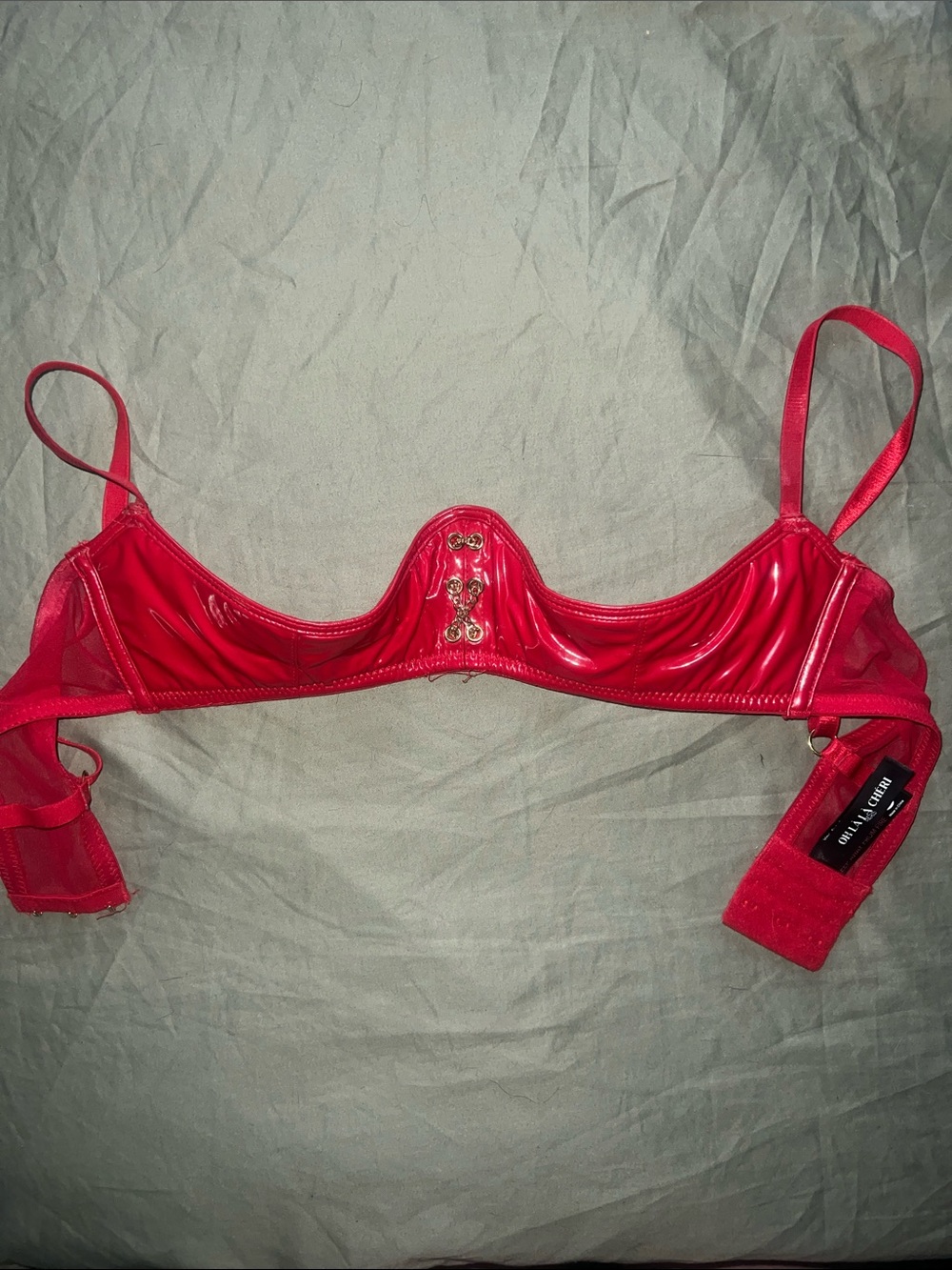 OH LA LA CHERI RED PLEATHER PUSH UP BODICE BRA WITH FRONT CHAIN DESIGN